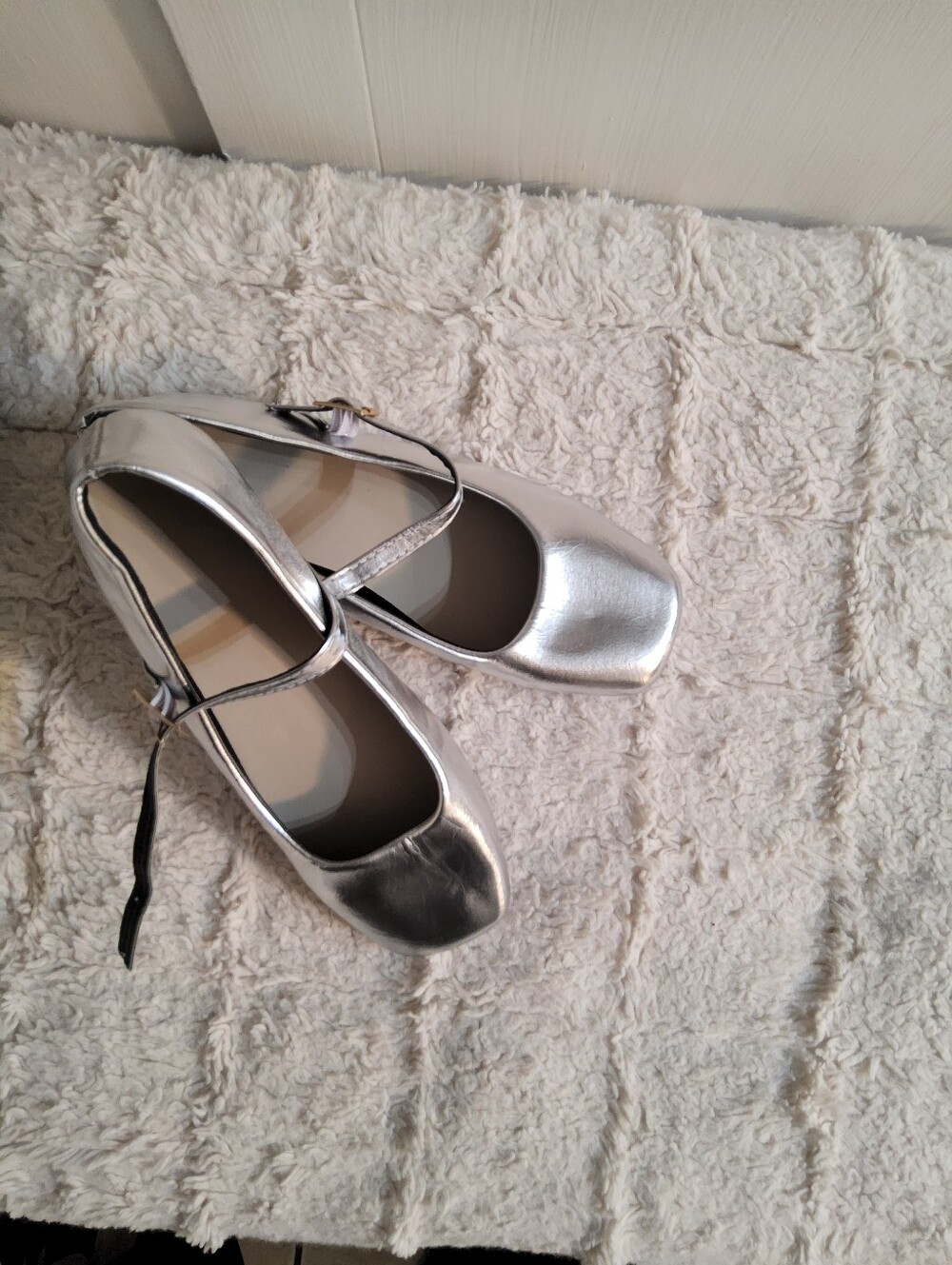 Women’s Metallic Silver Mary Jane Flats with Ankle Strap